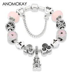 Casual Antique Silver Castle Heart Minnie Mickey Charm Bracelet Pink Crystal Women's Girl's Cartoon Bead Bracelets