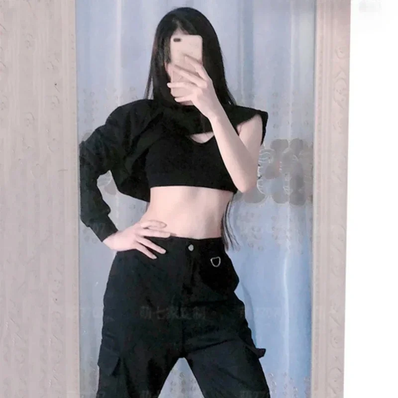 Kpop Korean Singer Black Cropped Vest Hoodies Dance Outfits Jazz Stage Costume Nightclub Women Group Hip-Hop Dance Pants