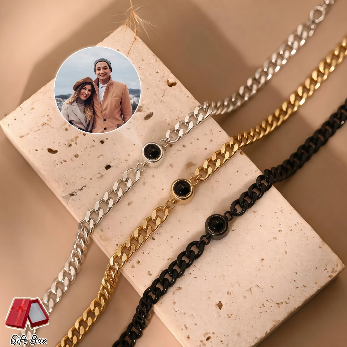 Personalized Photo Projection Cuban Bracelet Stainless Steel Couple Birthday Jewelry Gift