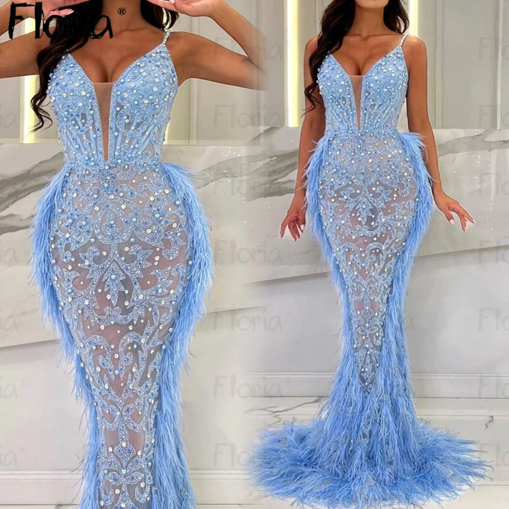 Gorgeous Spaghetti Strap Feather Prom Dress Beaded Sequin Mermaid Evening Dresses Custom Made Robe de Mariée Occasion Dresses