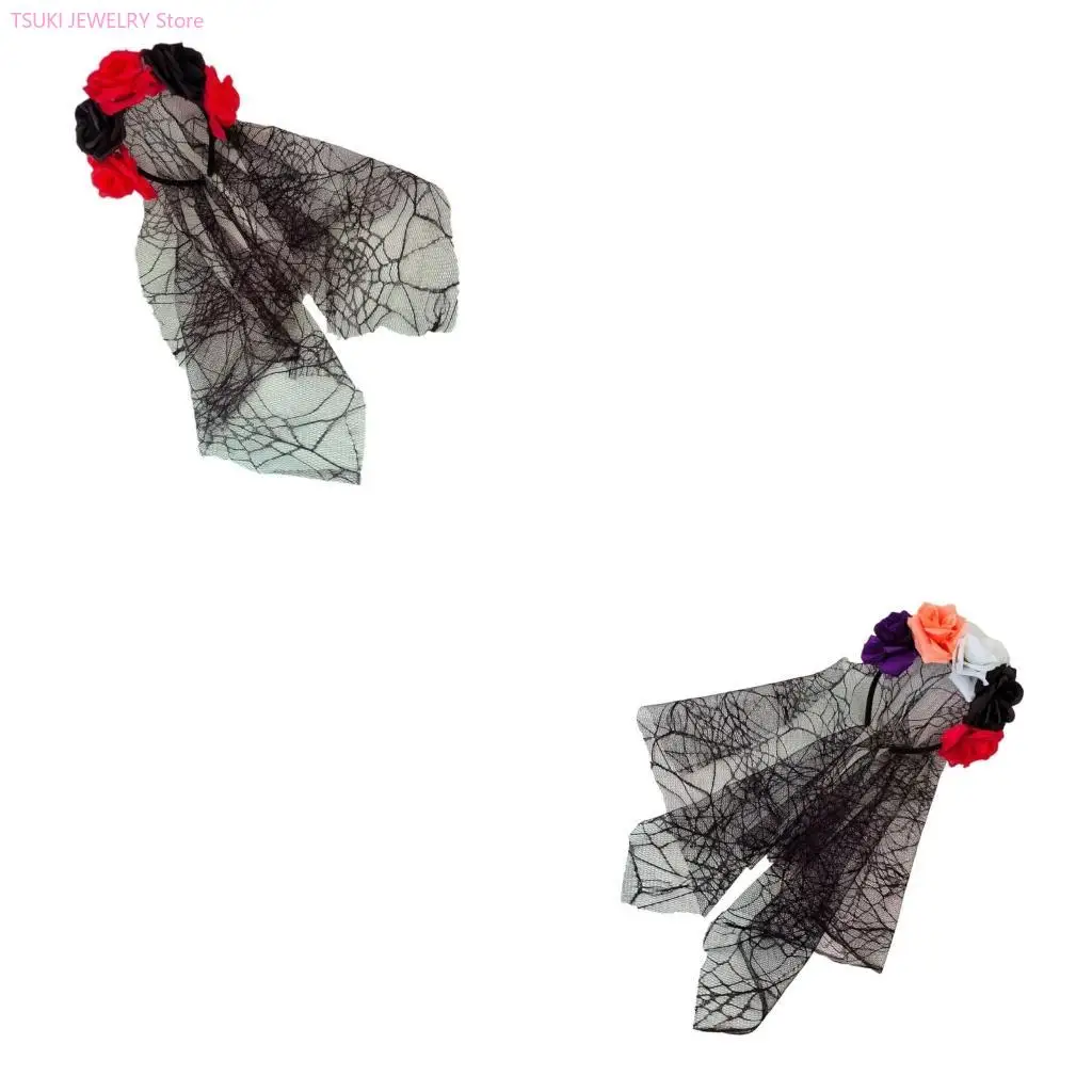 

62KE Flower Lace Veil Hairband Woman Music Festivals Makeup Headbands for Carnivals Cosplay Anime Character Headpieces