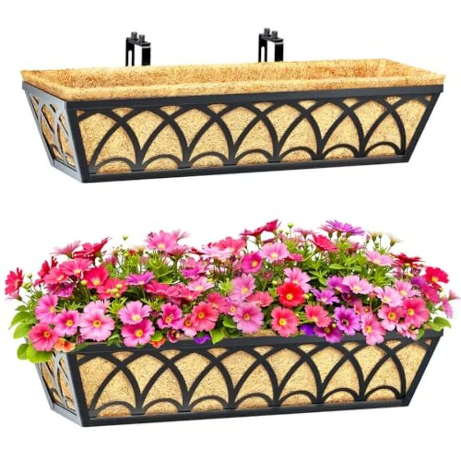 

24-дюймовые кашпо для перил и оконных балконов - Комплект из 2 штук, кашпо для перил террасы с регулируемыми кронштейнами и кокосовыми вкладышами