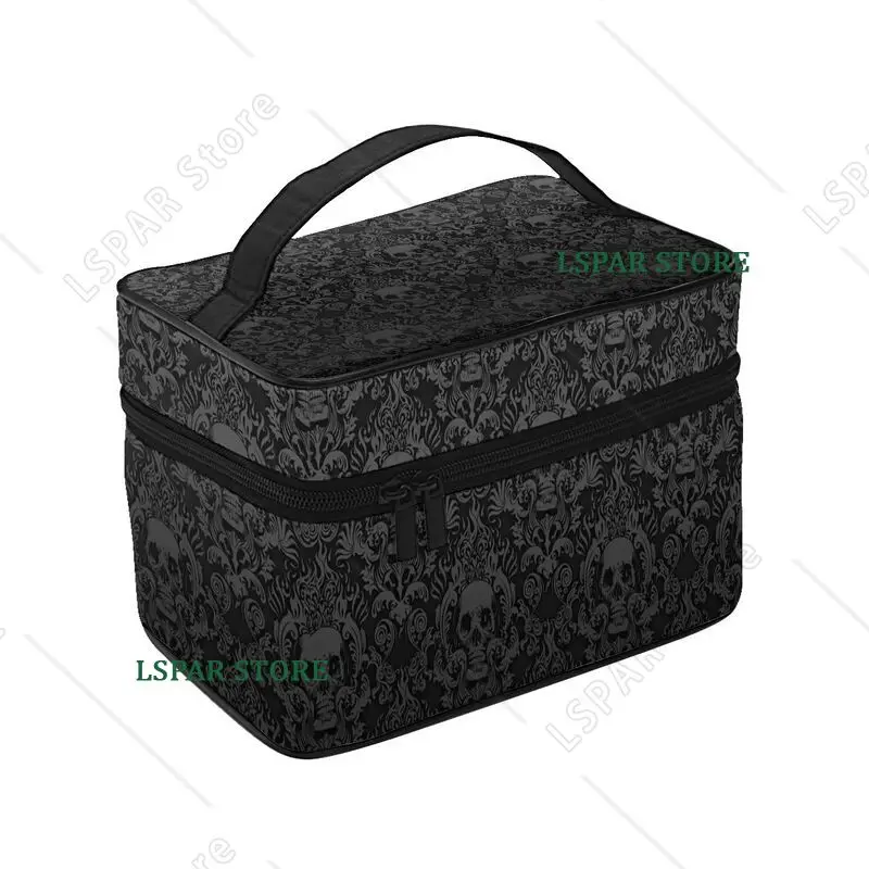 Gothic Black Skull Damask Pattern Large Makeup Bag Carrying Portable Zip Toiletry Bags Cosmetic Cases Gift for Girls Women