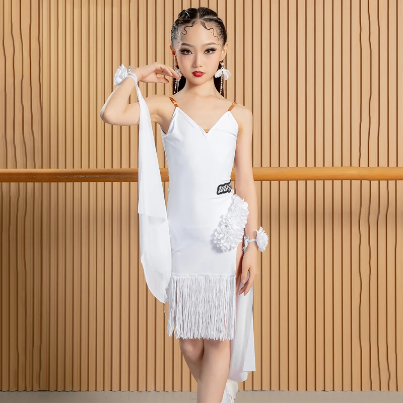 Blue White Floating Sleeves Latin Dance Dress Girls Samba Chacha Dance Fringed Dresses Children'S Latin Dance Suits SL9990