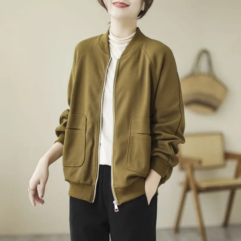 

Women's solid color baseball collar short style jacket spring and autumn new loose casual long sleeved versatile simple coat