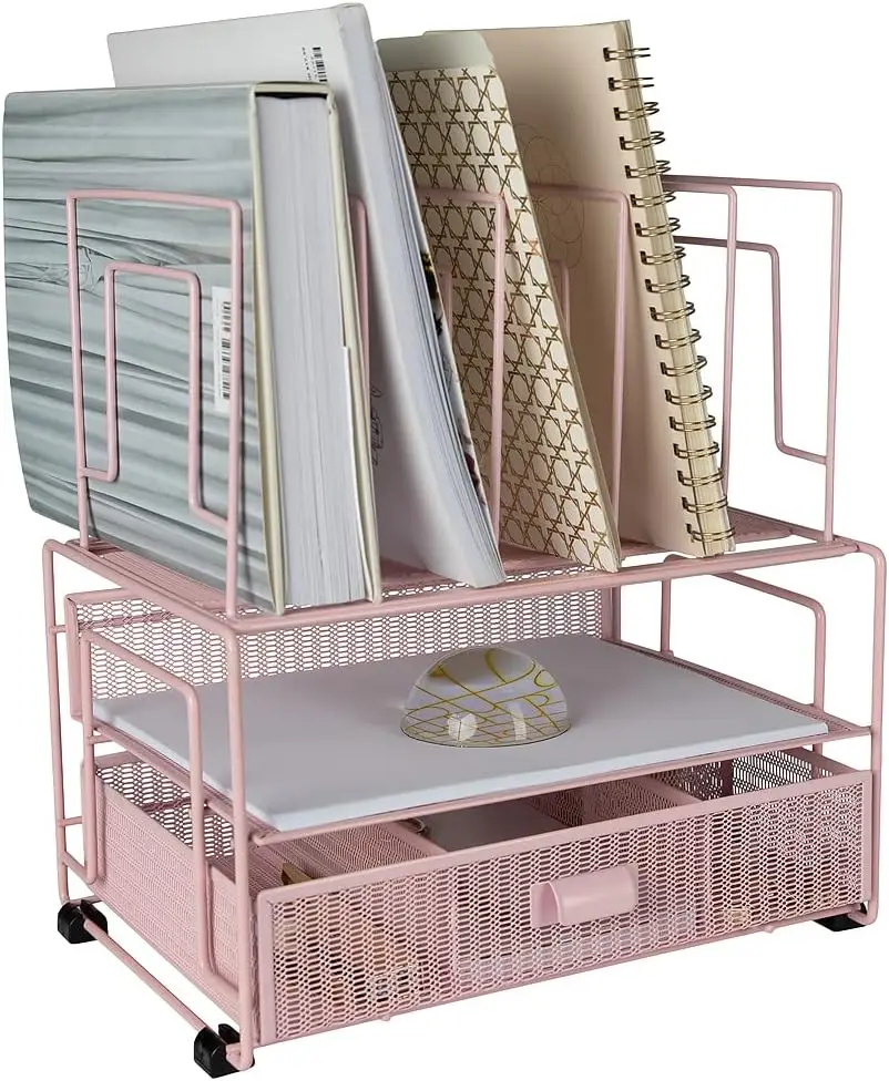 

| Pink Desk Organizer with Drawer | Wire Mesh Desk Organizer File Sorter | Metal Desktop Storage for Office Workspace