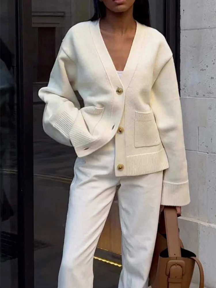 

Solid Color Knitted Cardigan for Women Elegant Long Sleeves V-neck Single Button Coat Female Casual Autumn Winter Sweater Tops 2