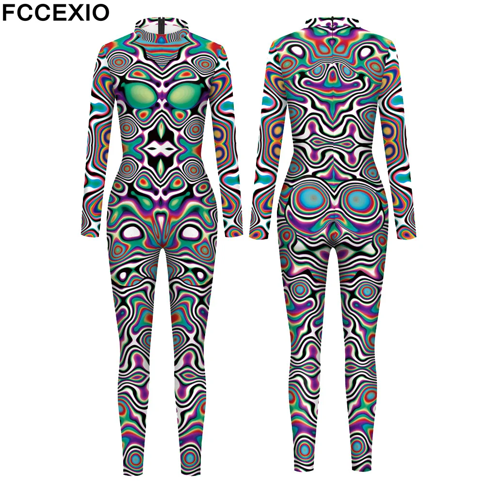 

FCCEXIO Cosplay Costumes For Women Carnival Aperture Spiral 3D Print Sexy Slim Jumpsuit Performance Zentai Adult Party Bodysuit