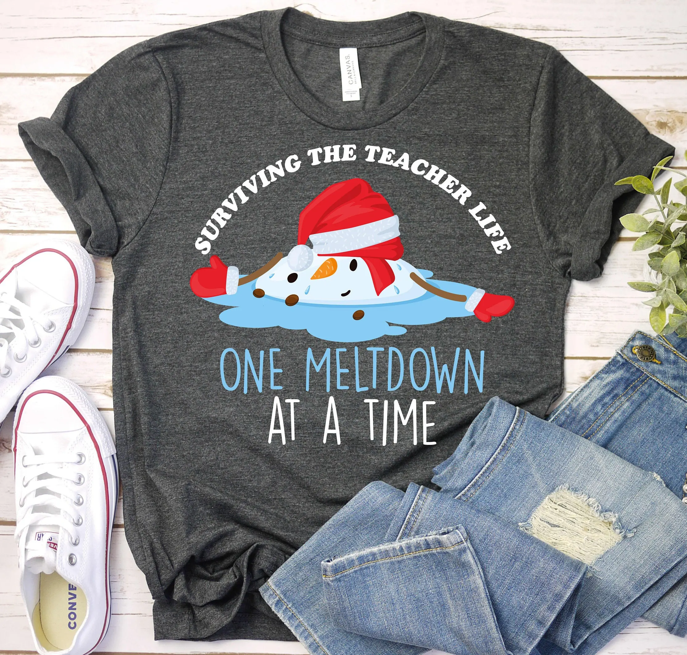 Surviving The Teacher Life One Meltdown At Time Christmas T Shirt Xmas Snowmen