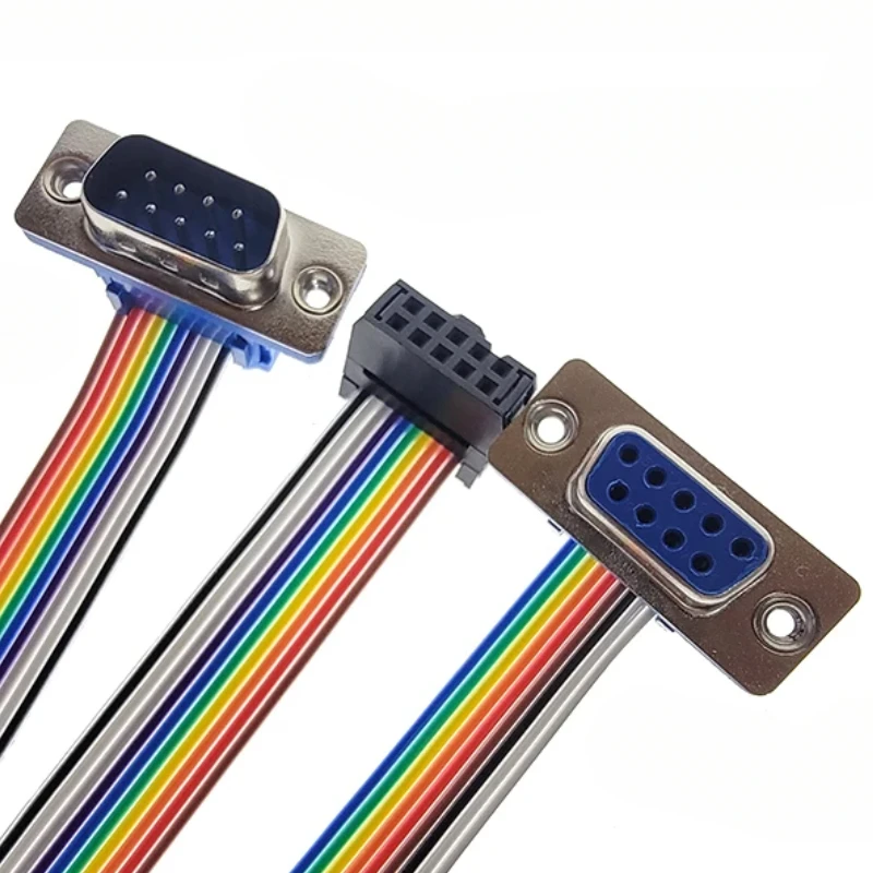 D-Sub DB9 9 Pin Male Famele Connector To FC-10P IDC Female 2.54mm 10 Pin Rainbow / Multicolor Flat Ribbon Cable