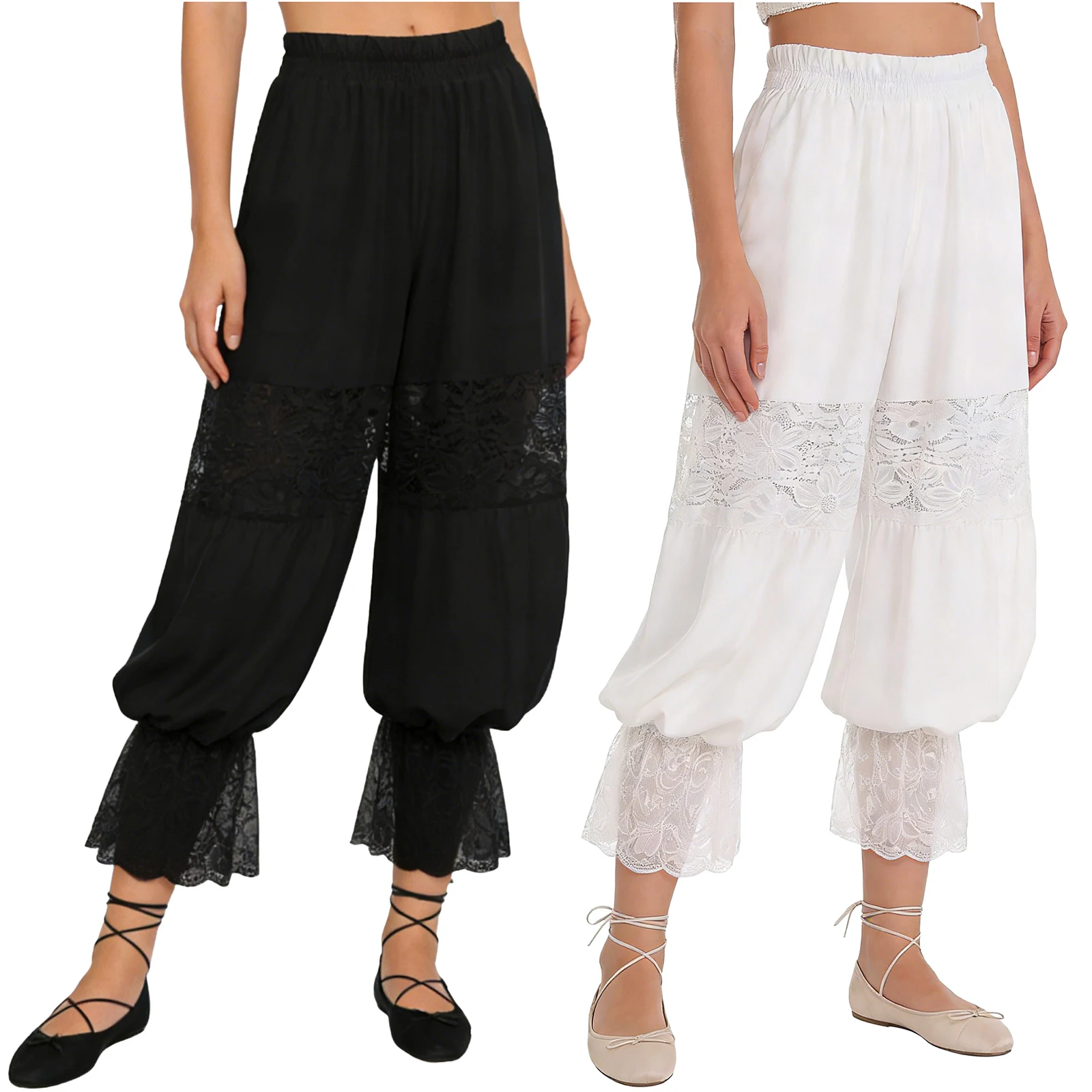 

Women Victorian Lace Bloomers See Through Floral Ruffled Leg Trim Elastic Waistband Lantern Pants Pumpkin Trousers