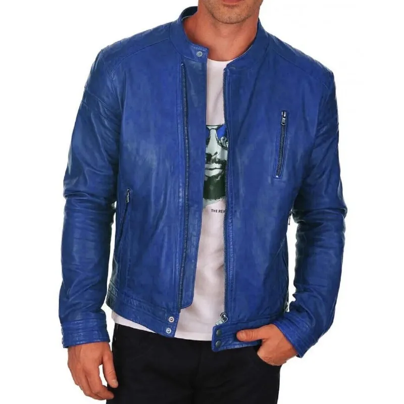 Cafe Racer Men's Real Genuine Lambskin Casual Wear Leather Jacket Blue Zip Front