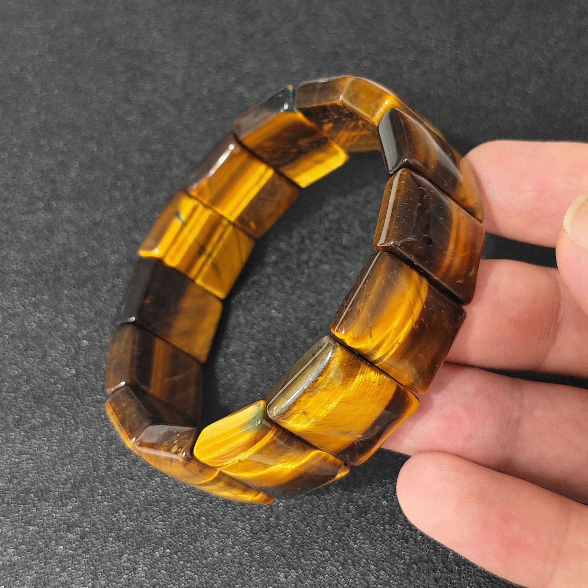 Natural Yellow Tiger's Eye Bracelet 20mm Flat Rectangle Segment Bangle Golden Gemstone Stretch Cuff Gift 16-22cm