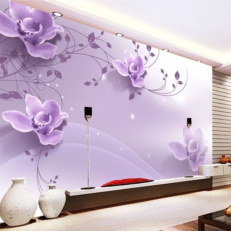 Papel tapiz personalizado 3D romántico elegante con flores moradas para sala de estar, TV, pared de fondo, pintura de pared 3D, decoración de pared del hogar