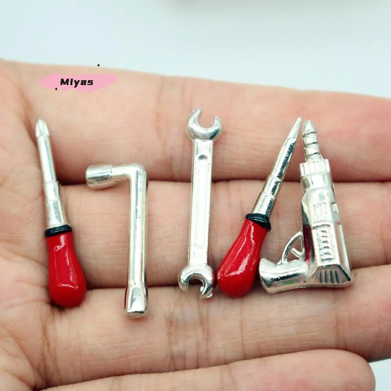 Miniature Dollhouse Drill Repair Tool Set - 5-Piece Wrench Set for Kids Pretend Play Doll House Decor Model Accessories