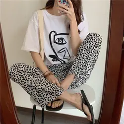 Leopard Pajamas Pants for Women Sleep Sleepwear Korean Style Summer Ankle Length Bottoms Home Elastic Waist Room Sleeping Wear