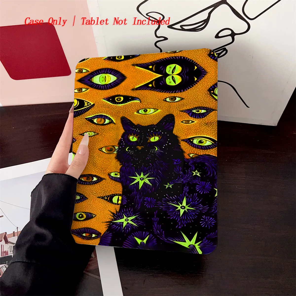 حافظة iPad بنمط عيون مخيفة باللون البرتقالي والخيف باللون الأسود - 360 درجة ° واقي قابل للدوران وقابل للطي لأجهزة Apple اللوحية #3