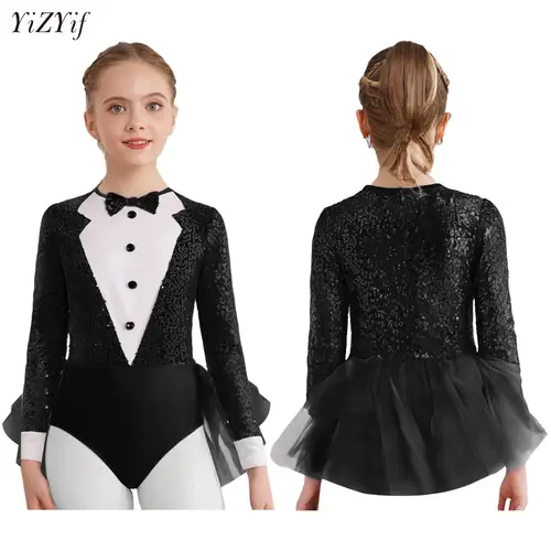 Ropa de baile de Jazz con lentejuelas para niñas, disfraz de pajarita para niños, esmoquin, vestido de leotardo de baile de Ballet, ropa de maestro de ceremonias de circo Cosplay