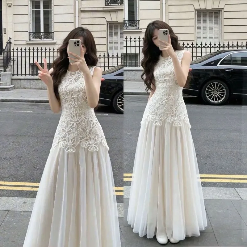 2026 New French Elegant Sleeveless Slim Dress Summer Korean Fashion Vacation Flower Mesh Splicing Maxi Dresses for Women
