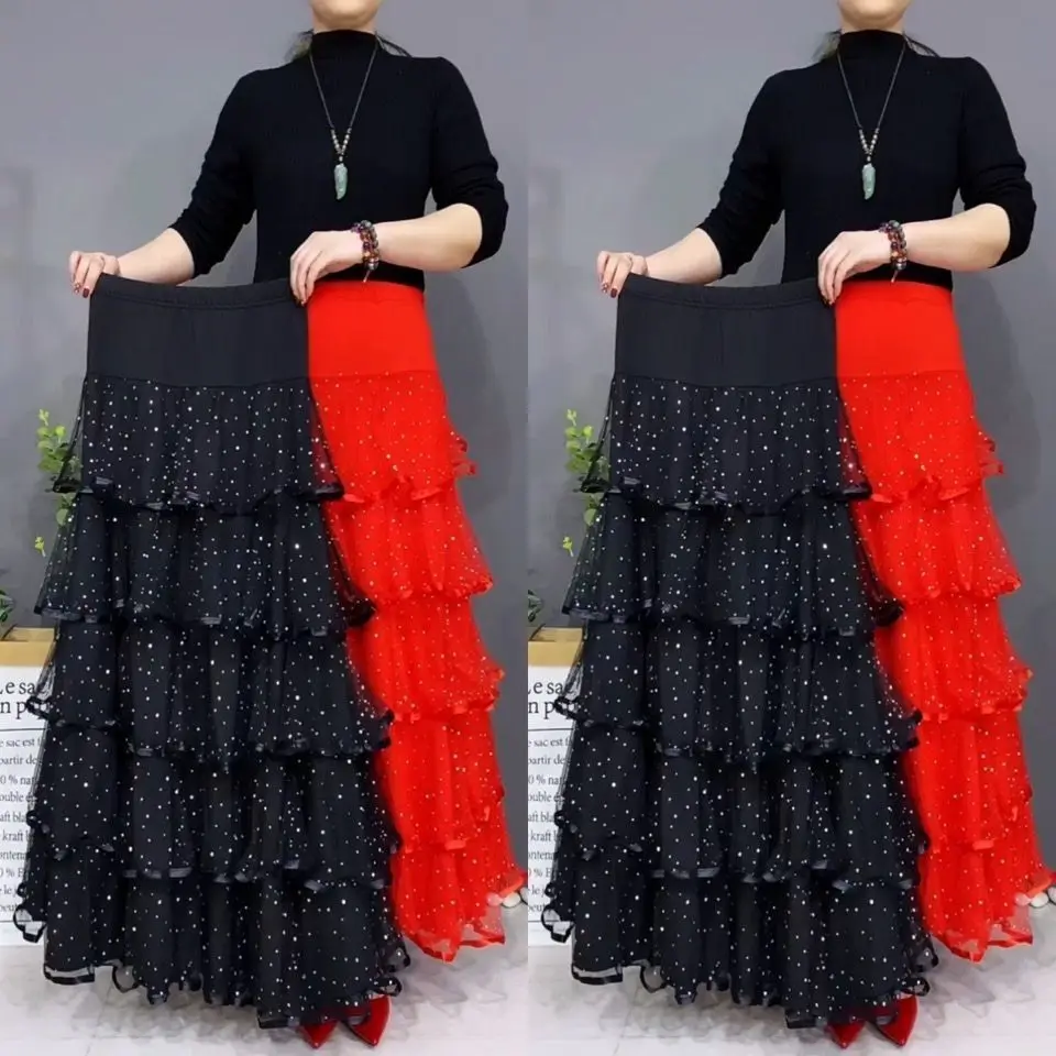 Four Season High Waist Slim Fit Half Skirt, High-end Western-style Ballroom Dance Square Performance, Big Swing Skirt, Sagging