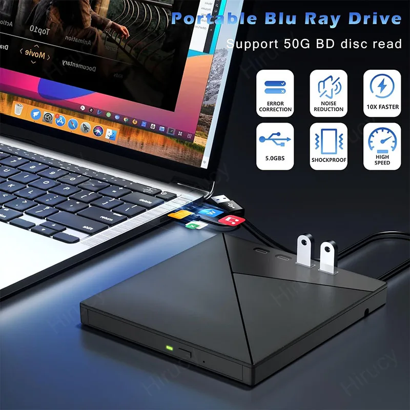 7-in-1 External 4K Blu-ray Optical Drive BD CD DVD +/-RW Player Portable Bluray Burner with USB 3.0 Type-C SD TF Card Slots