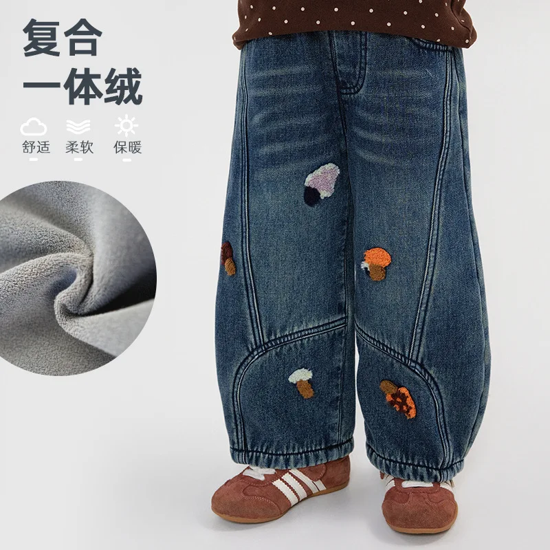 Children's Clothing Children's Versatile Winter Thickened New Foreign Denim Wide-leg Scimitar Trousers