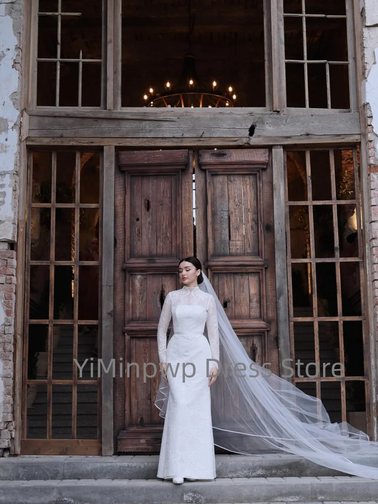 Long Sleeve Wedding Dresses High Collar Lace Bride Dress Mermaid Luxury for Women Beach Bridal Gown Customized vestidos de novia