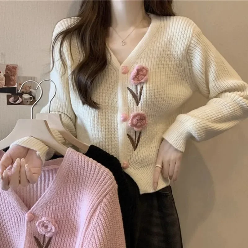 Crochet V-Neck Sweater Knitted Cardigan Women Spring And Autumn New Fashion Flower Knitwear short Tops Female slim Outwear W533