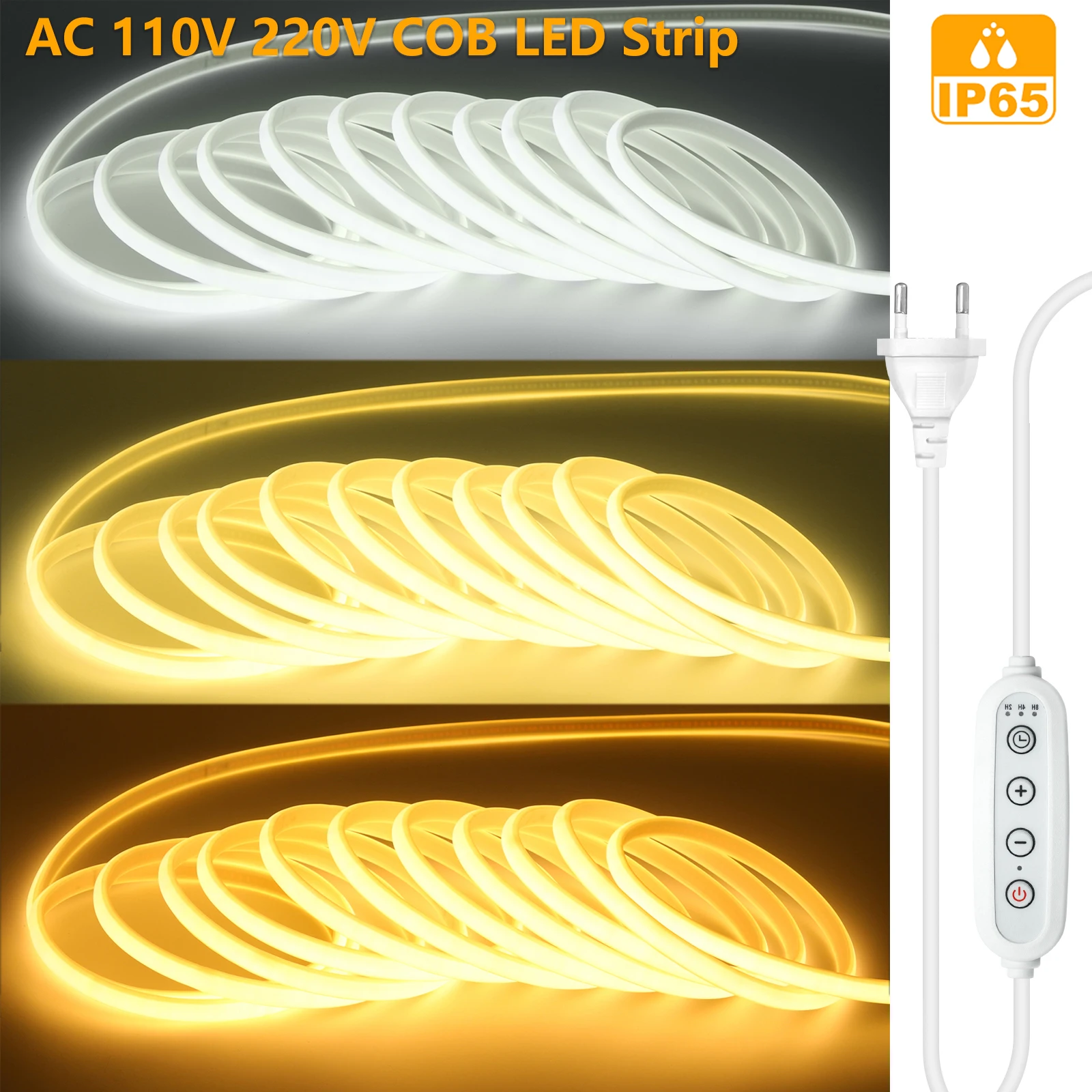 Waterproof COB Led Strip Light 110V 220V Timer Dimmer EU AU UK US Switch Plug 288LEDs/m Flexible Tape Dimmable Linear Lighting