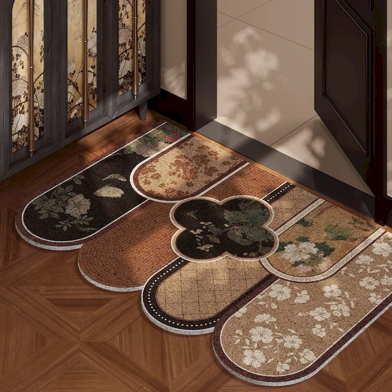 VIKAMA Retro Bamboo Leaf Pattern Arched Door Mat Dustproof and Anti slip Flower Carpet Entrance Indoor Hall Home Decoration