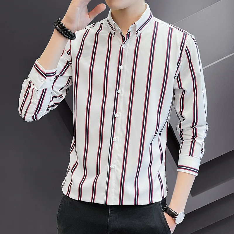 

Chemise Blanche Mens Business Casual Long Sleeve White Striped Shirt New Fashion Hawaiian Slim Fit Vintage Print Shirts Men Tops