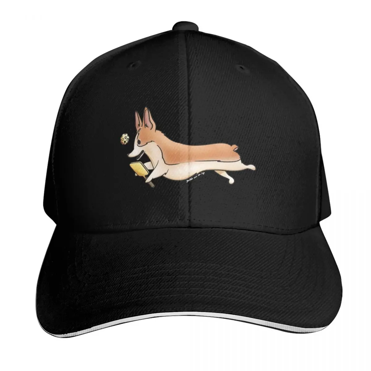 Corgi chasing his/her Pickleball on red Baseball Cap Strapback Dad Hat Six Panel Structured Crown Sun Protection UPF 50+
