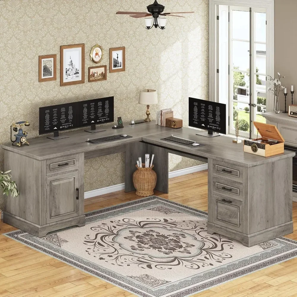 مكتب على شكل حرف L مقاس 69 بوصة مع أدراج وتخزين، ومكتب كمبيوتر المزرعة مع أدراج الملفات ومخرج طاقة #3