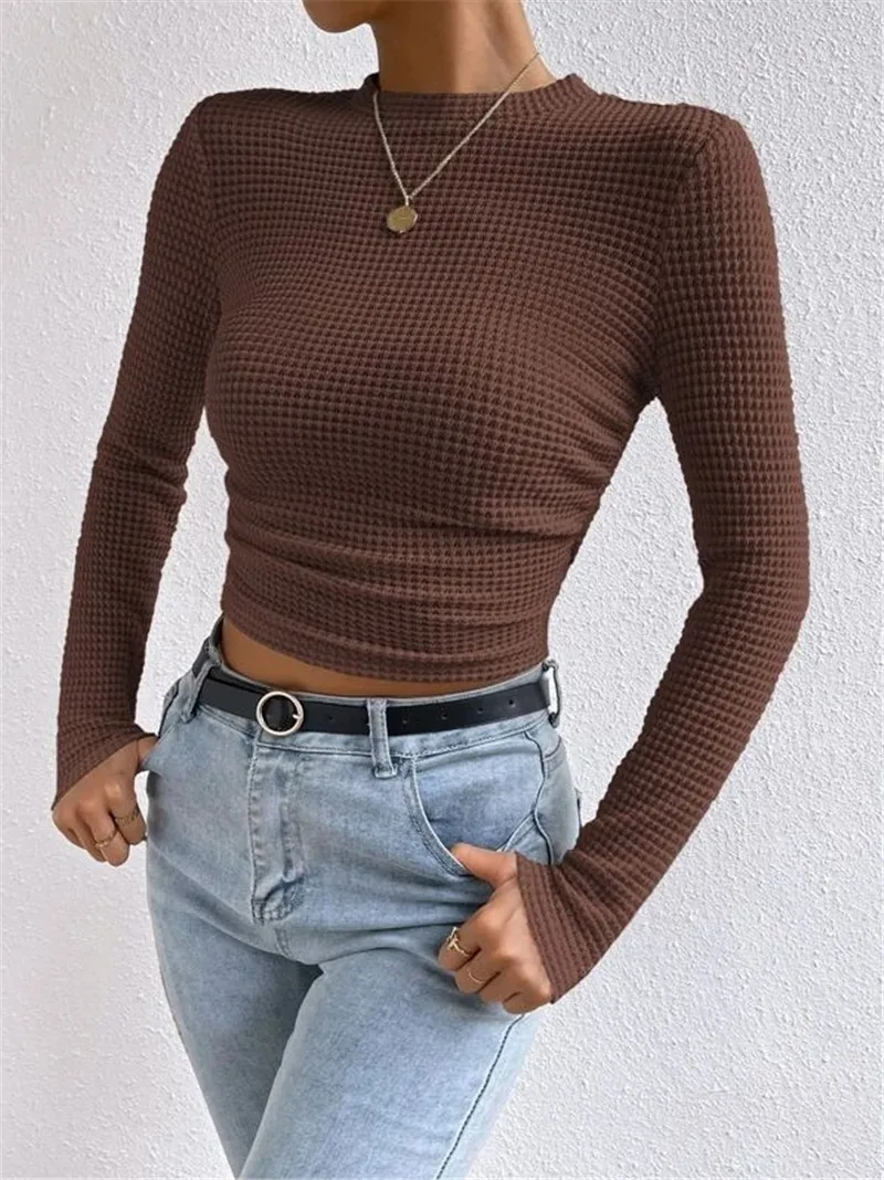 New Women's Crew Neck Cropped Long Sleeve Top Ribbed Slim Fit Elegant Versatile Trendy Casual Commute Office Daily Wear Blouse - view 4