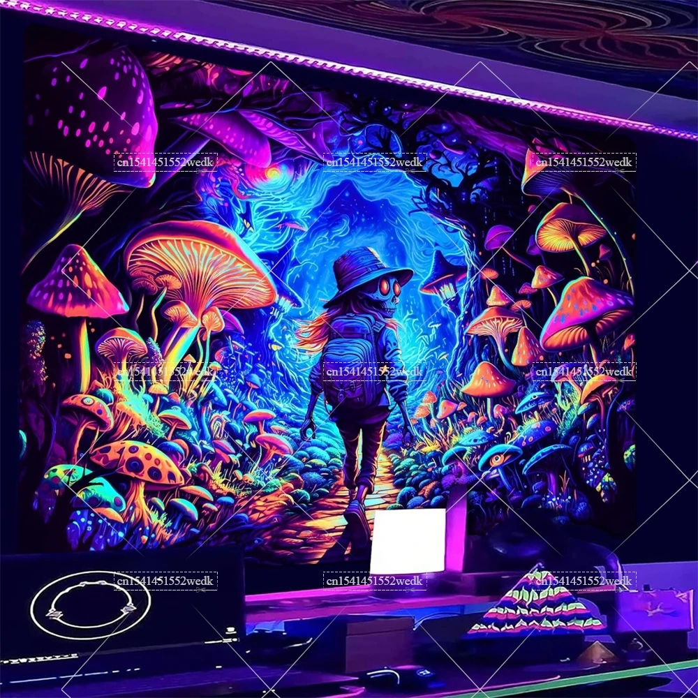 LZBXBXDA Blacklight - Arazzo con fungo fantasy, arazzo, fosforescente al buio, reattivo ai raggi UV, con luce nera, luna, poster da appendere alla parete per camera da letto