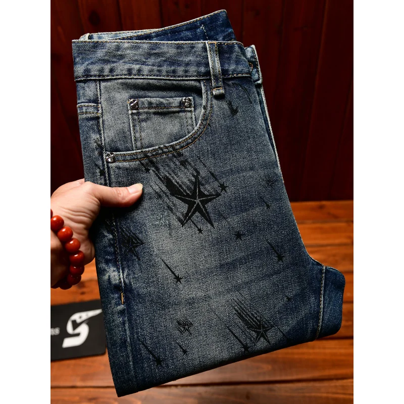 Five pointed printed casual jeans men with stretch and, trendy street retro and nostalgic small leg long pants