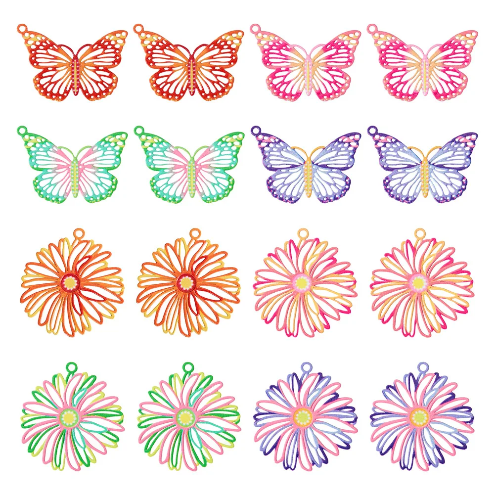 

32Pcs 8 Style Colorful Flower Butterfly Spray Painted 430 Stainless Steel Pendants Metal Embellishments for DIY Jewelry Making