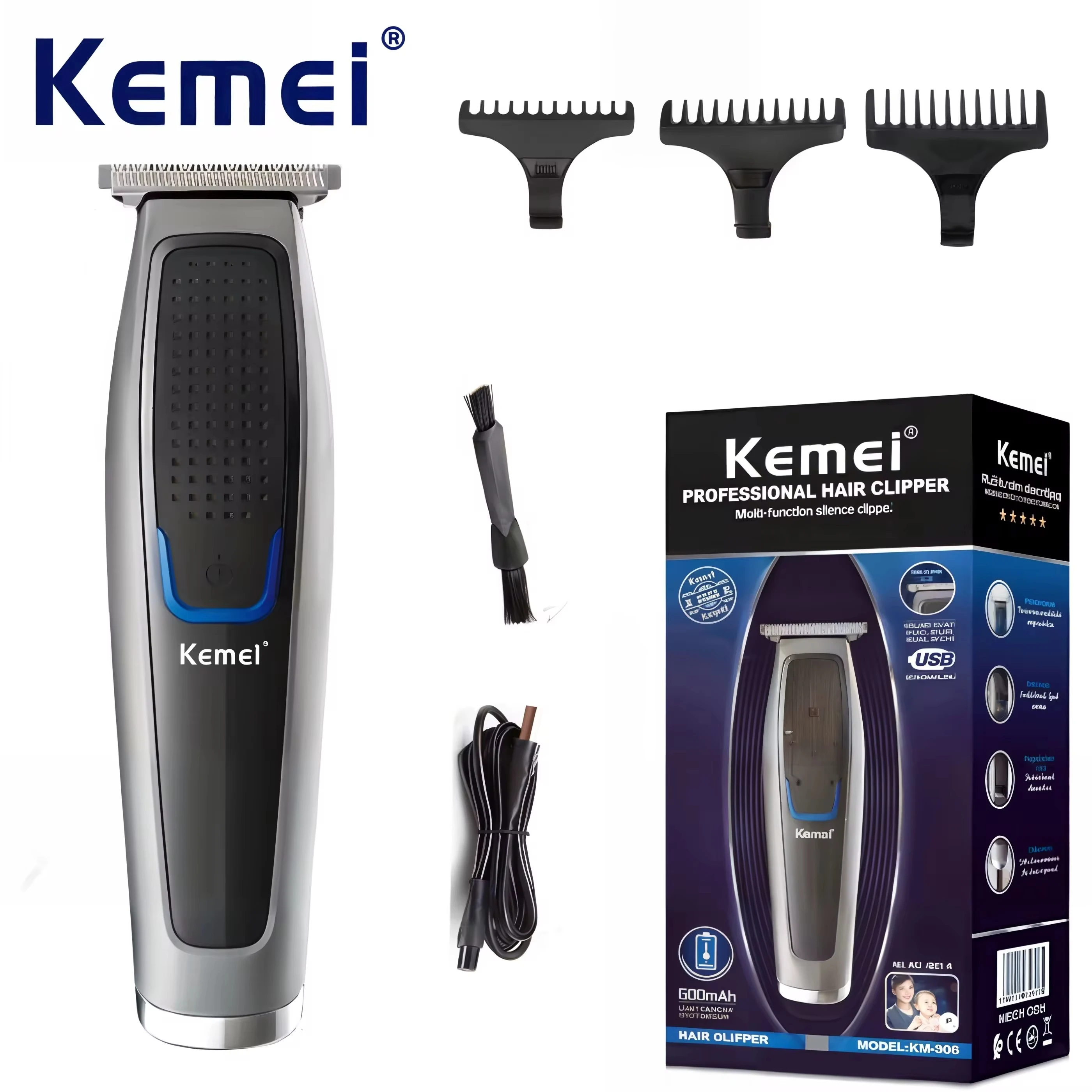 Kemei KM-306 hair clipper lithium battery USB charging carbon steel blade ABS oil head hair clipper push clipper