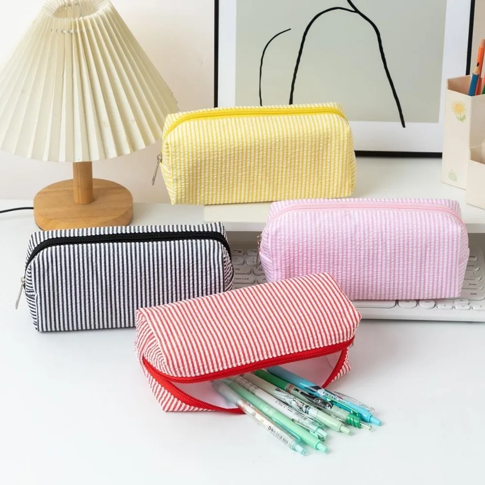 New Stripe Pattern Pen Pouch Multi-Purpose Large Capacity Pencil Case Zipper Closure Durable Makeup Pouch School Supplies