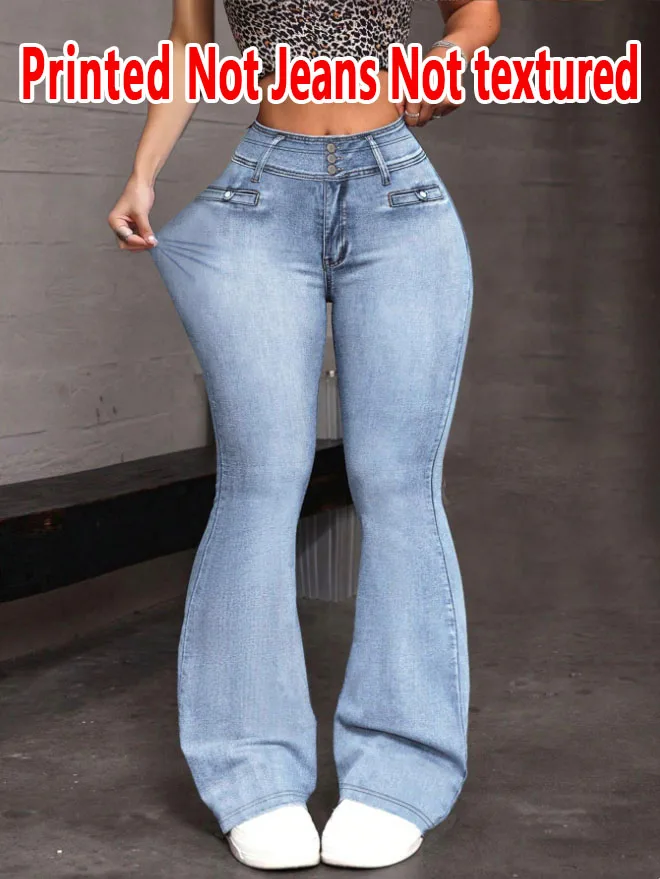 2071[Printed Pants - Not Faux Denim Fabric]2D Printed Faux Effect, Printed Flared Trousers - Non-Faux Denim Fabric,