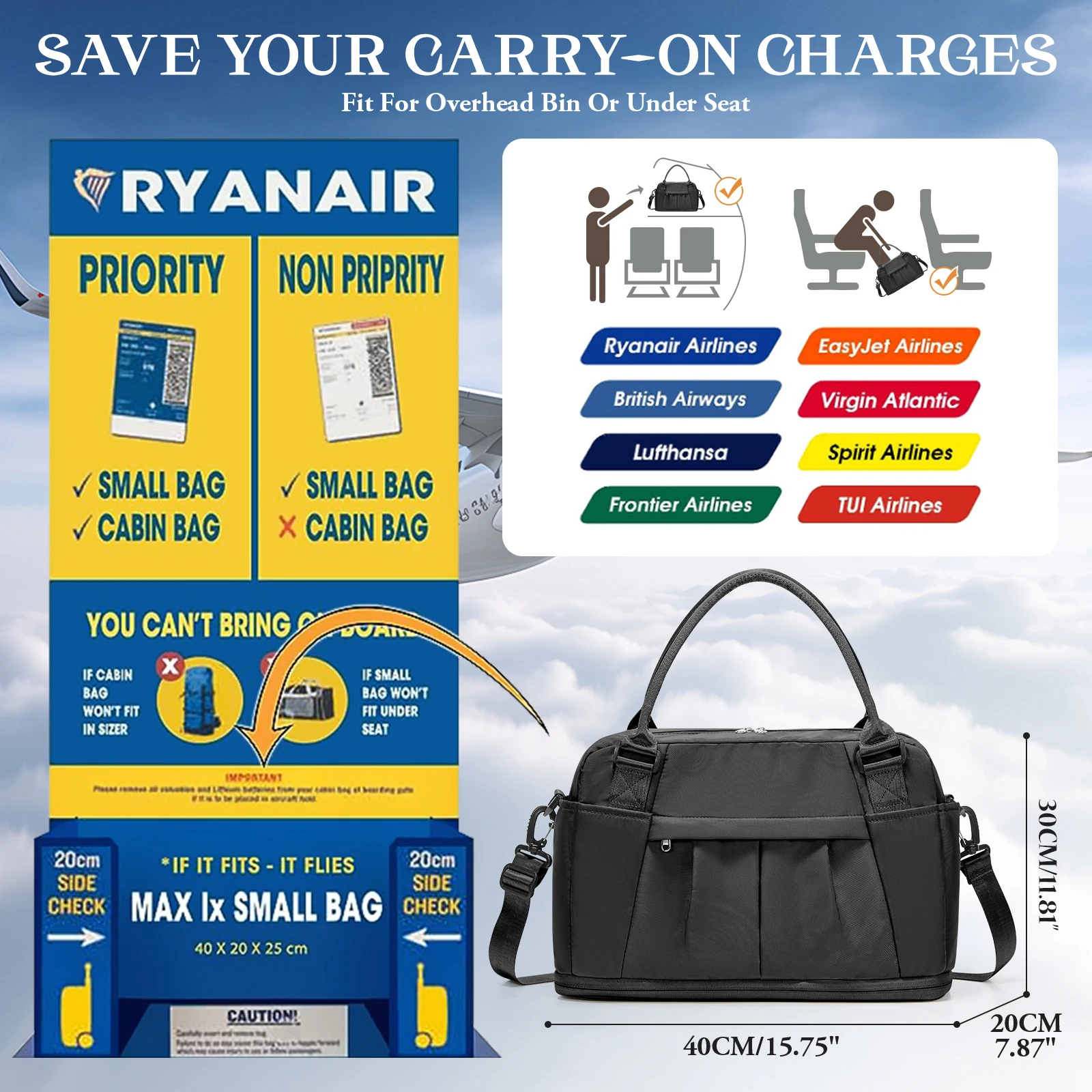 Ryanair Hand Luggage 40x30x20 Travel Bag Cabin Bag Carry-on Bag Clothes Storage Bags, Large Capacity Foldable Travel Duffel Bag