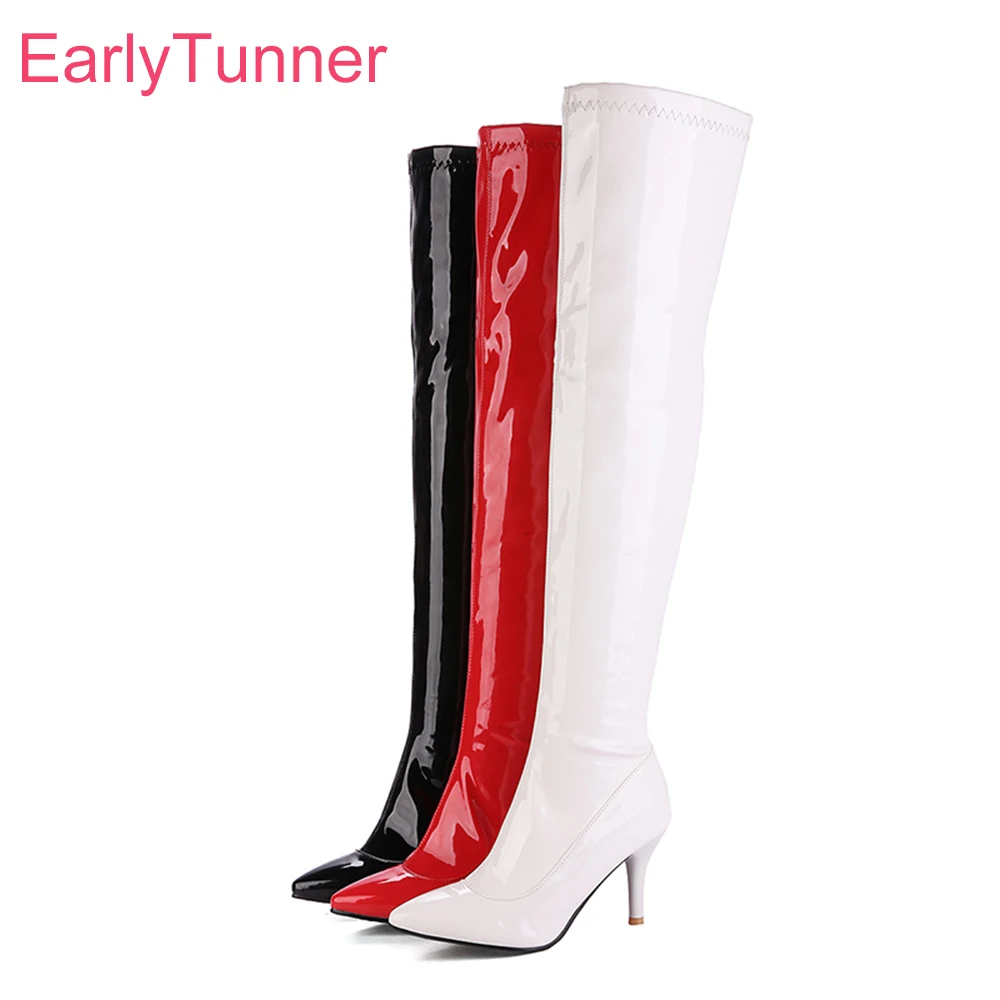 Hot Brand New Winter Glossy Black Red Women Thigh High Boots Sexy Lady Dance Pole Shoes ET72 High Heel Plus Big Size 10 32 43 48