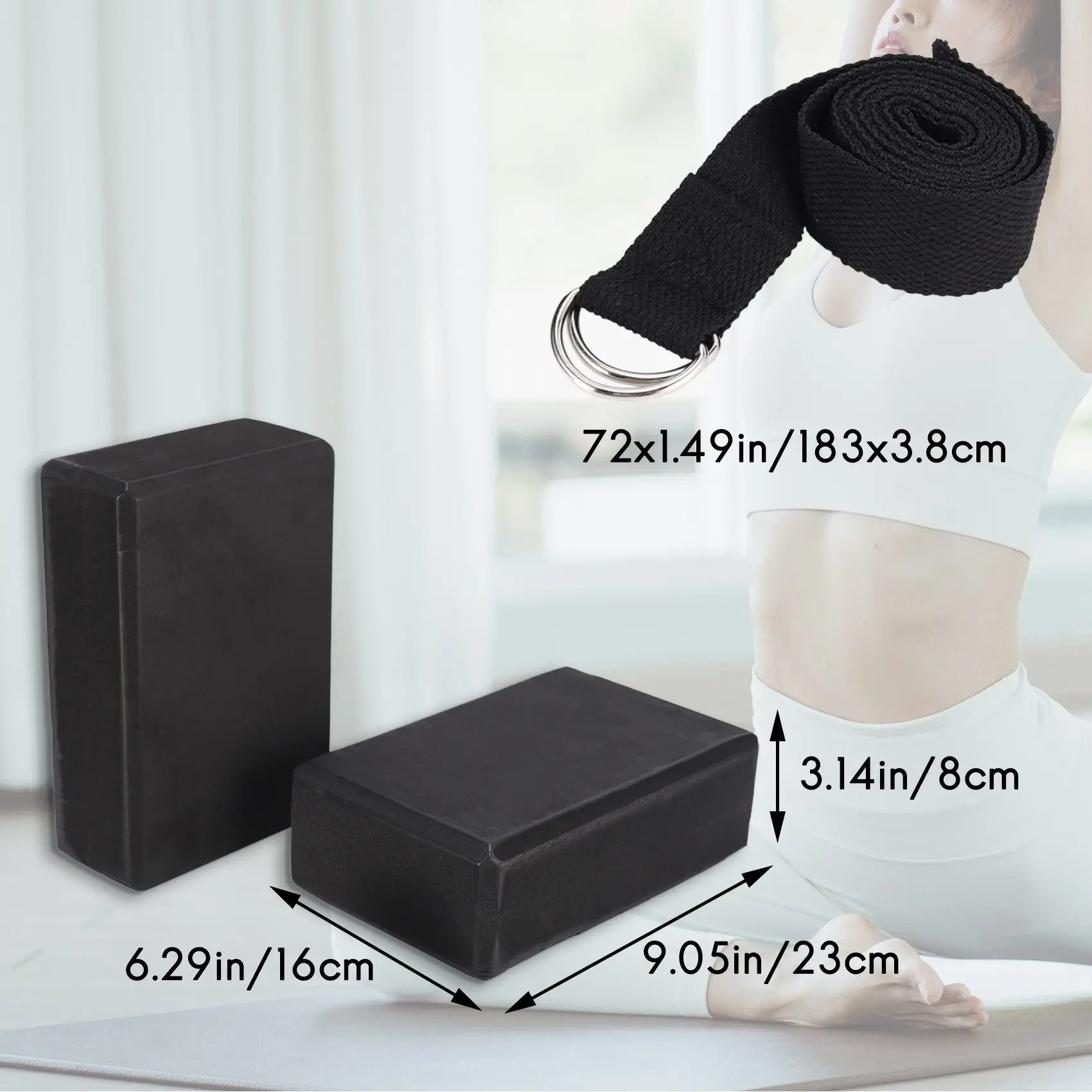 A89E-Yoga Block And Yoga Strap Set EVA Foam Soft Non-Slip Yoga Blocks Universal Pilates Stretching And Toning Workouts