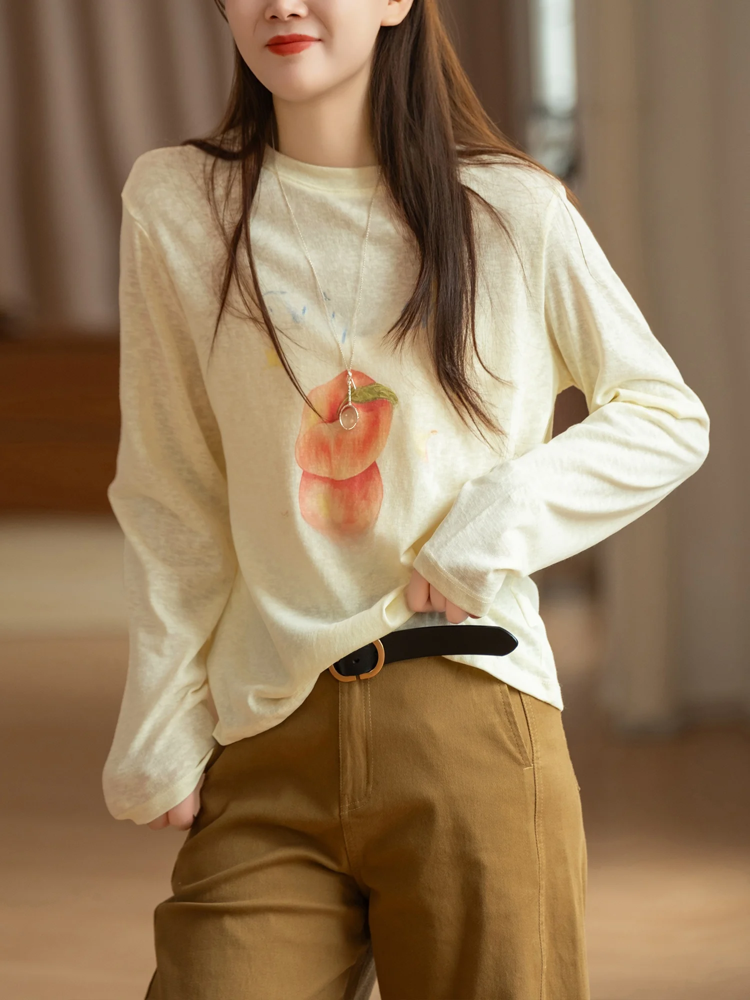 Silky Lightweight Snowflake Cotton Korean Style Print Precision Stitching Loose round Neck Long Sleeve T-shirt by Little Ear