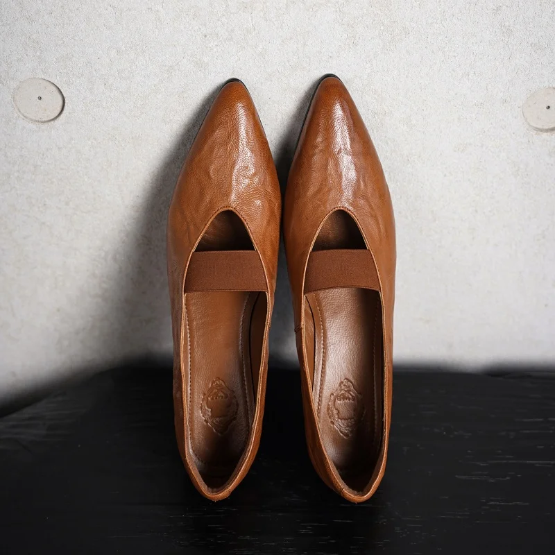 MKKHOU Fashion Pumps New High Quality Genuine Leather Shoes Pointed V-shaped Mouth Slope Heels Women's Heels Shoes