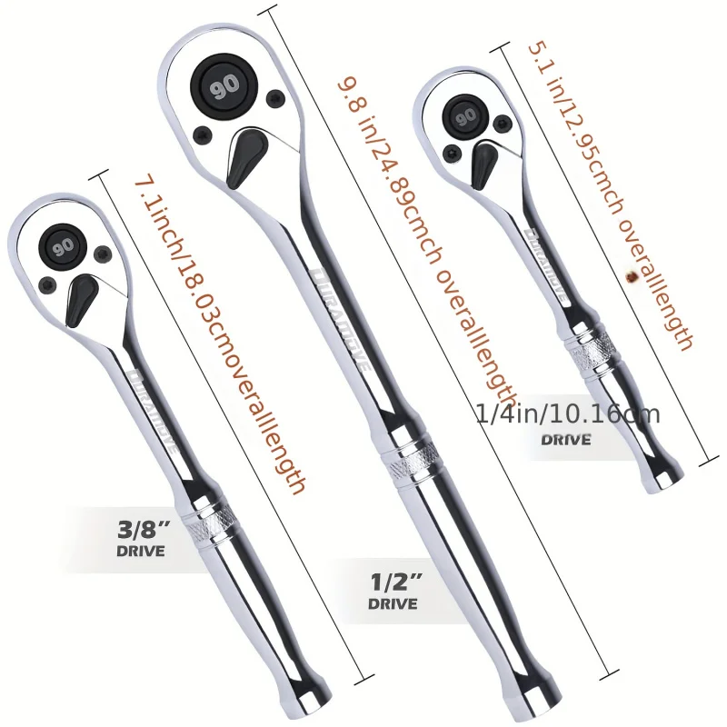 3pcs 90 Tooth Ratchet Repair Set with Quick Release Reversible Handle Includes 1/4 3/81/2 Drive Sockets  4 Degree Swing