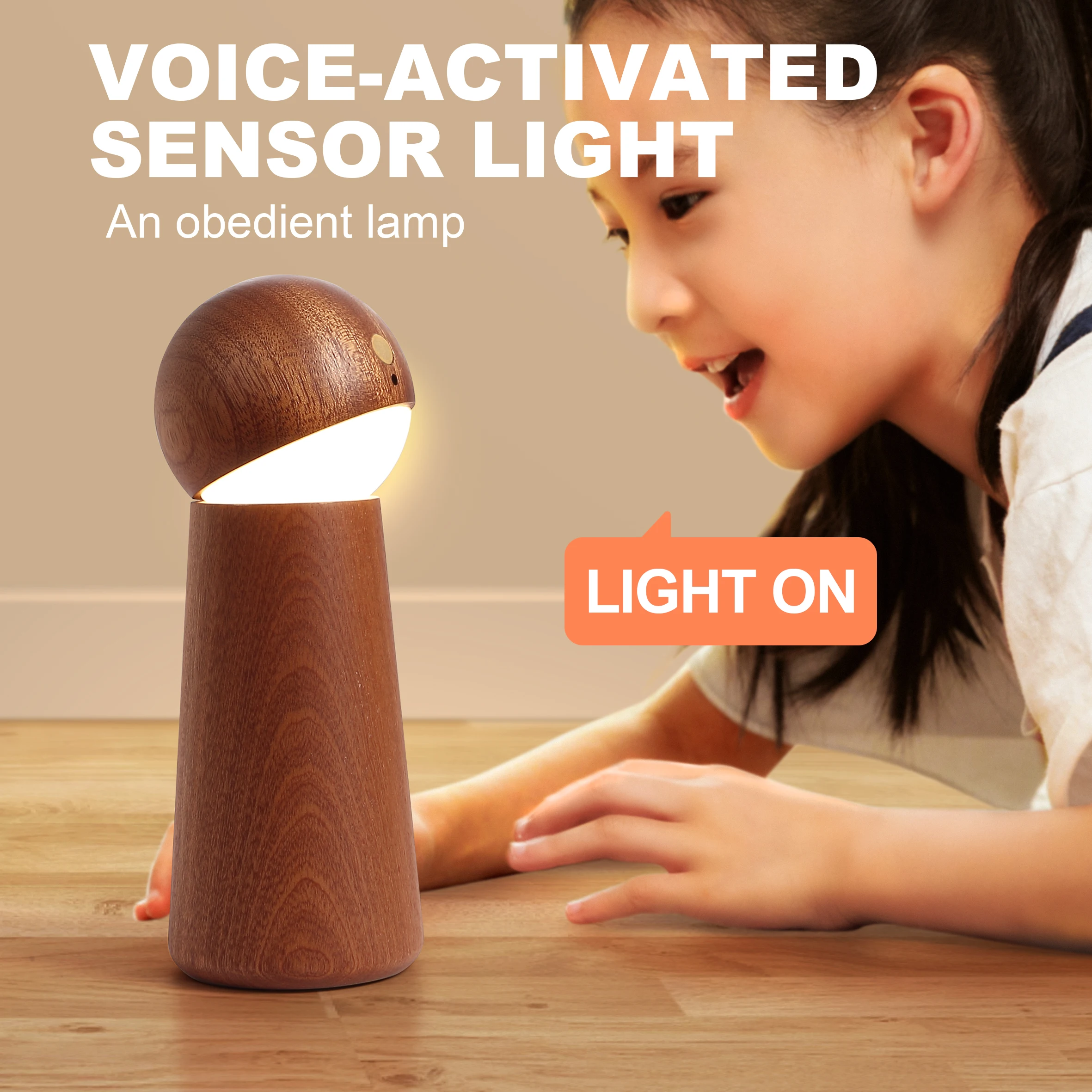 New Arrival Wireless USB Rechargeable Wooden Intelligent Voice-activated Sensor Light Smart Light for Bedroom