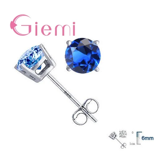 Simple 925 Silver Stud Earring for  Lady White Blue Rhinestone Zircon Claw Setting Popular Ear Accessories Jewelry