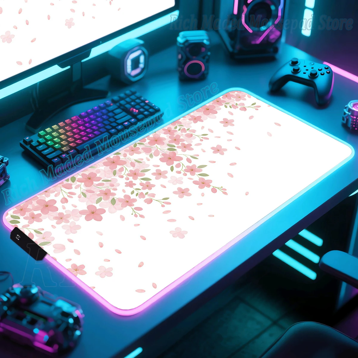 RGB LED Desk Mat Pink Sakura Gaming Emit Light Mouse Pad Large Office Carpet Desk Accessories Cherry Blossom Gamer Computer Mats