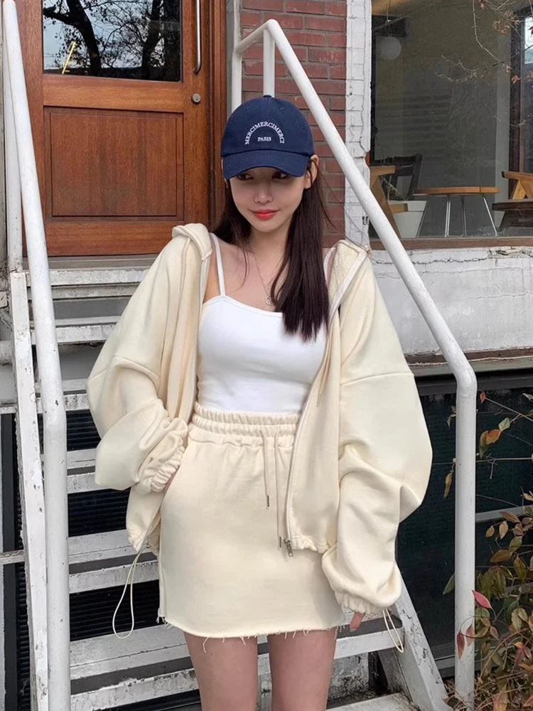 

Chic Autumnal Lazy Sle Long Sve Sweatirt Jaet Women's Set with High Waist Straight Tube Skirt Casual Sportswear